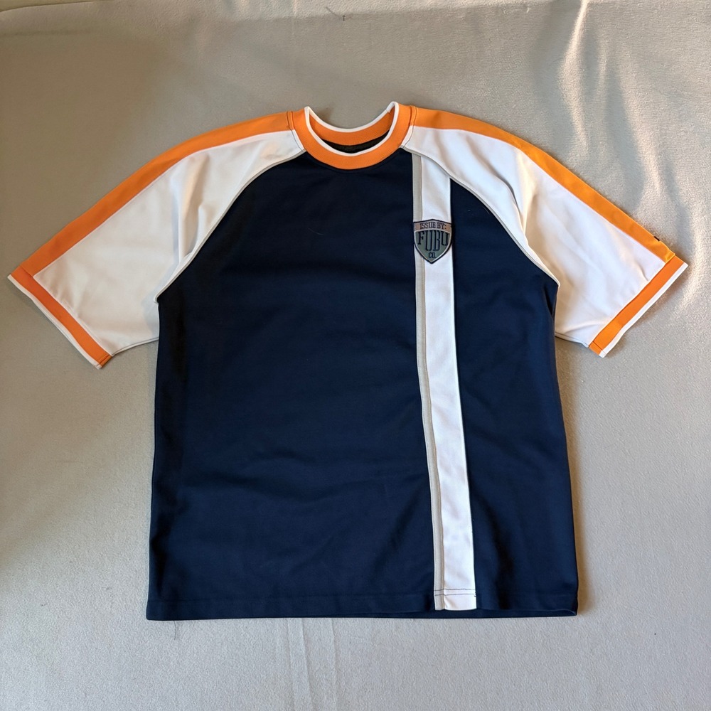 Vintage FUBU The Collection Jersey Shirt Mens XL Navy Blue Orange White Raglan